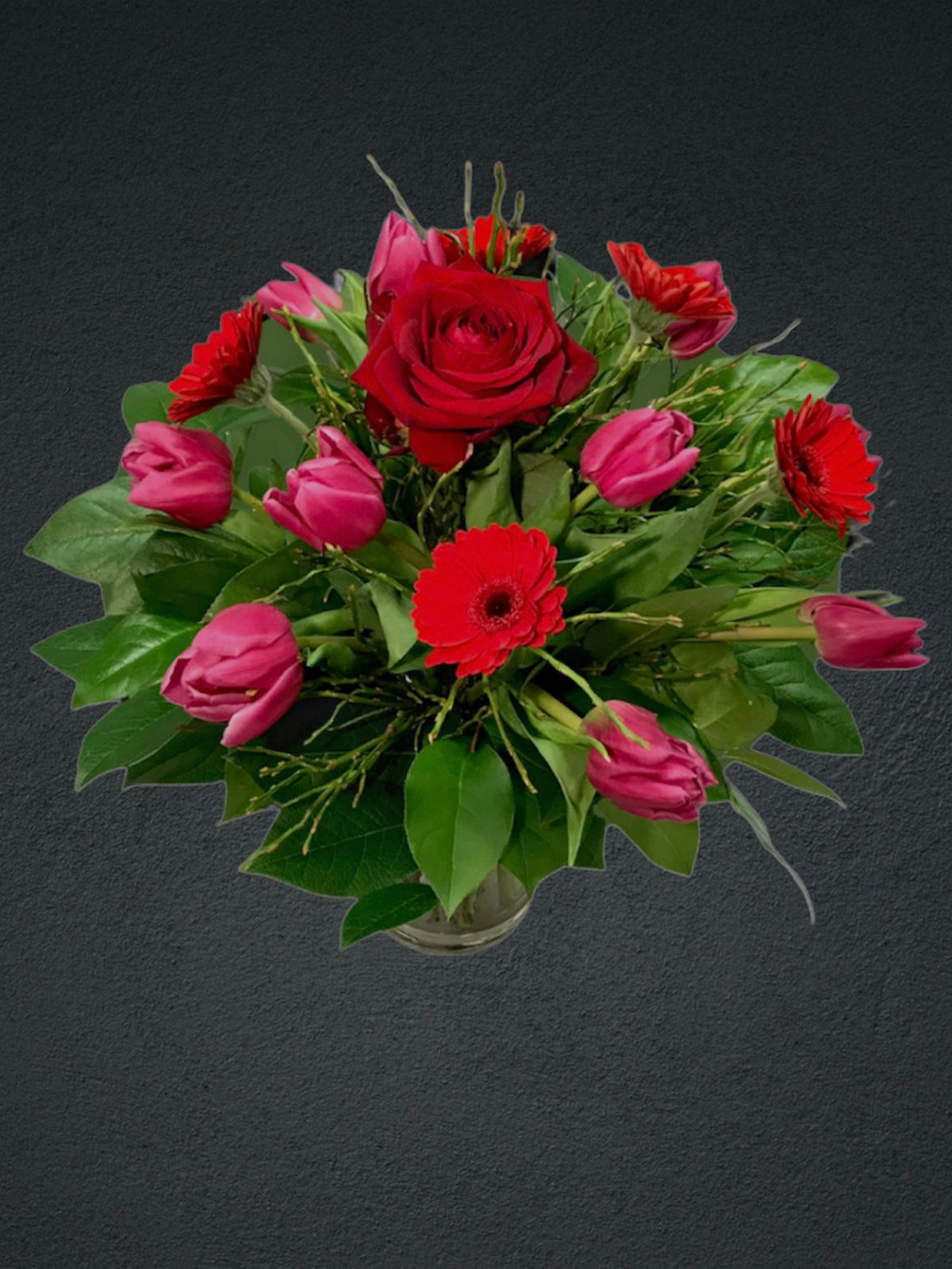 Tulips, Mini Gerberas and Red Rose